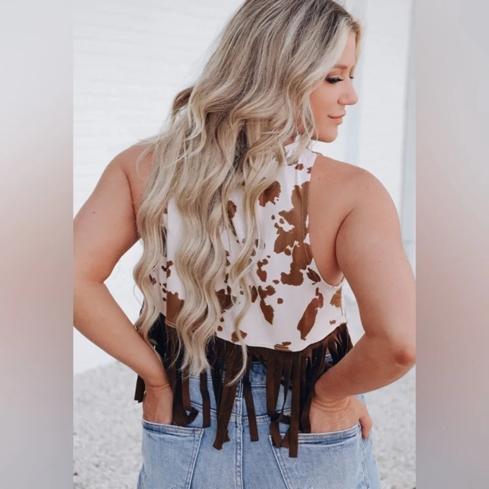 White Cow Printed Fringe Hem Tank Top - Picture 2 of 4